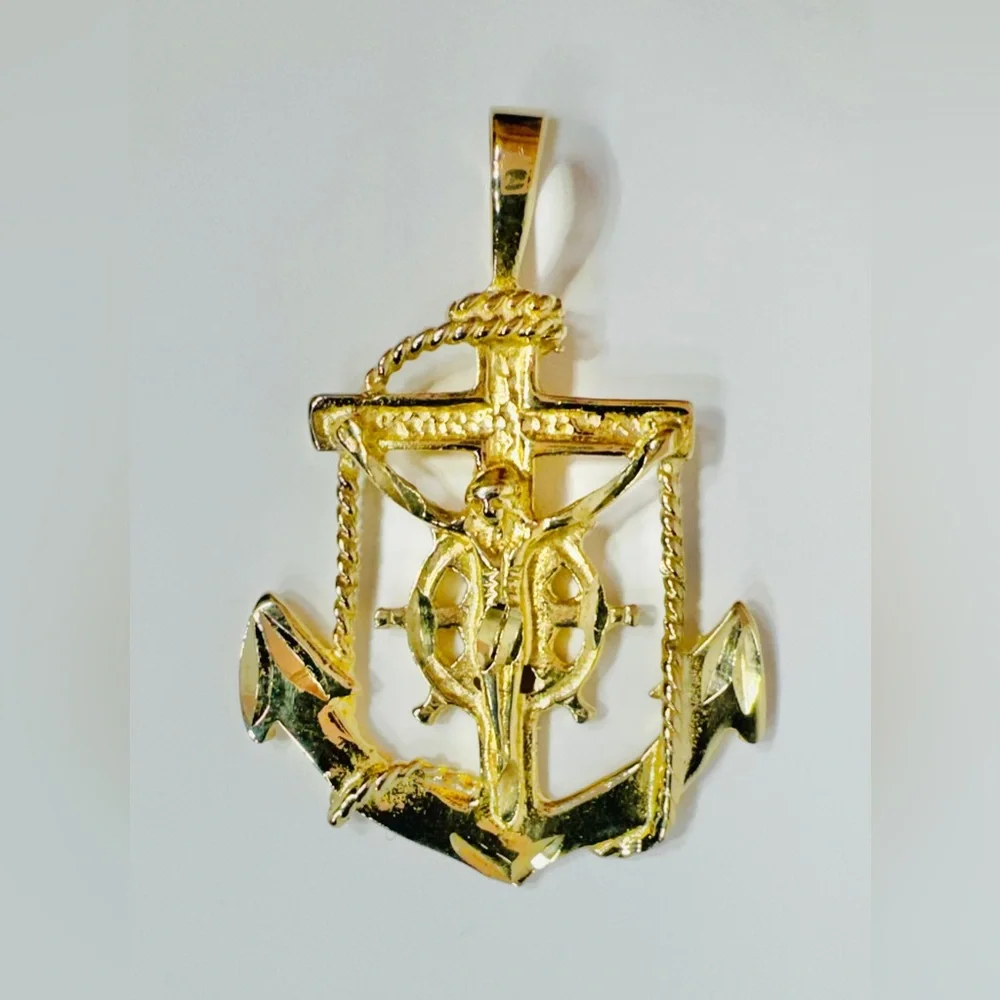 Gold-Tone Mariner's Cross Anchor Crucifix Pendant (Non-Gold, 14K Stamp)